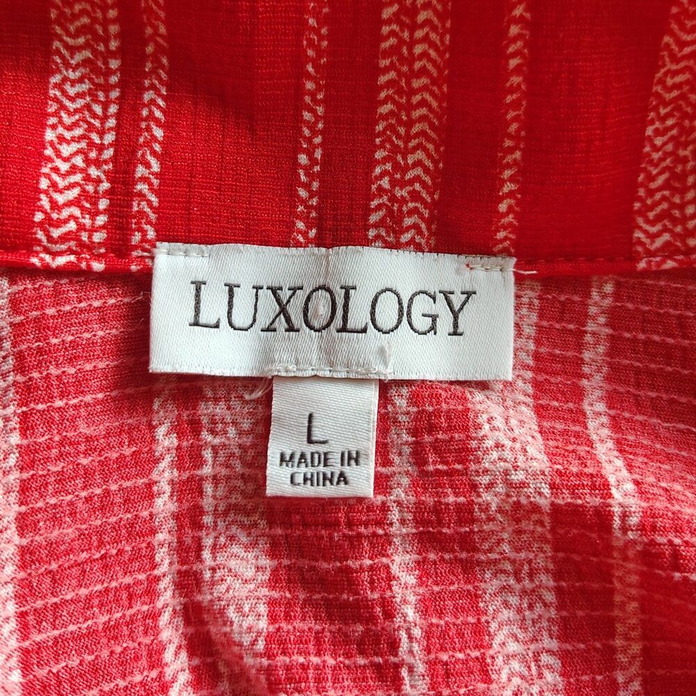 Luxology Large Women's Red Striped Button-Up Ruffle Short Sleeve Blouse Shirt - Picture 7 of 7